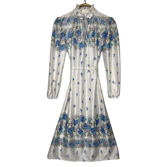 Vintage 70s Floral High Neck Dress Tie Front Elastic Waist Silky Nylon - Picture 1 of 9